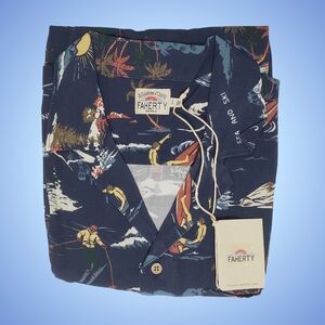 Faherty Camp Shirt Sea & Ski Print Button Up Men Small Navy Blue NWT $158